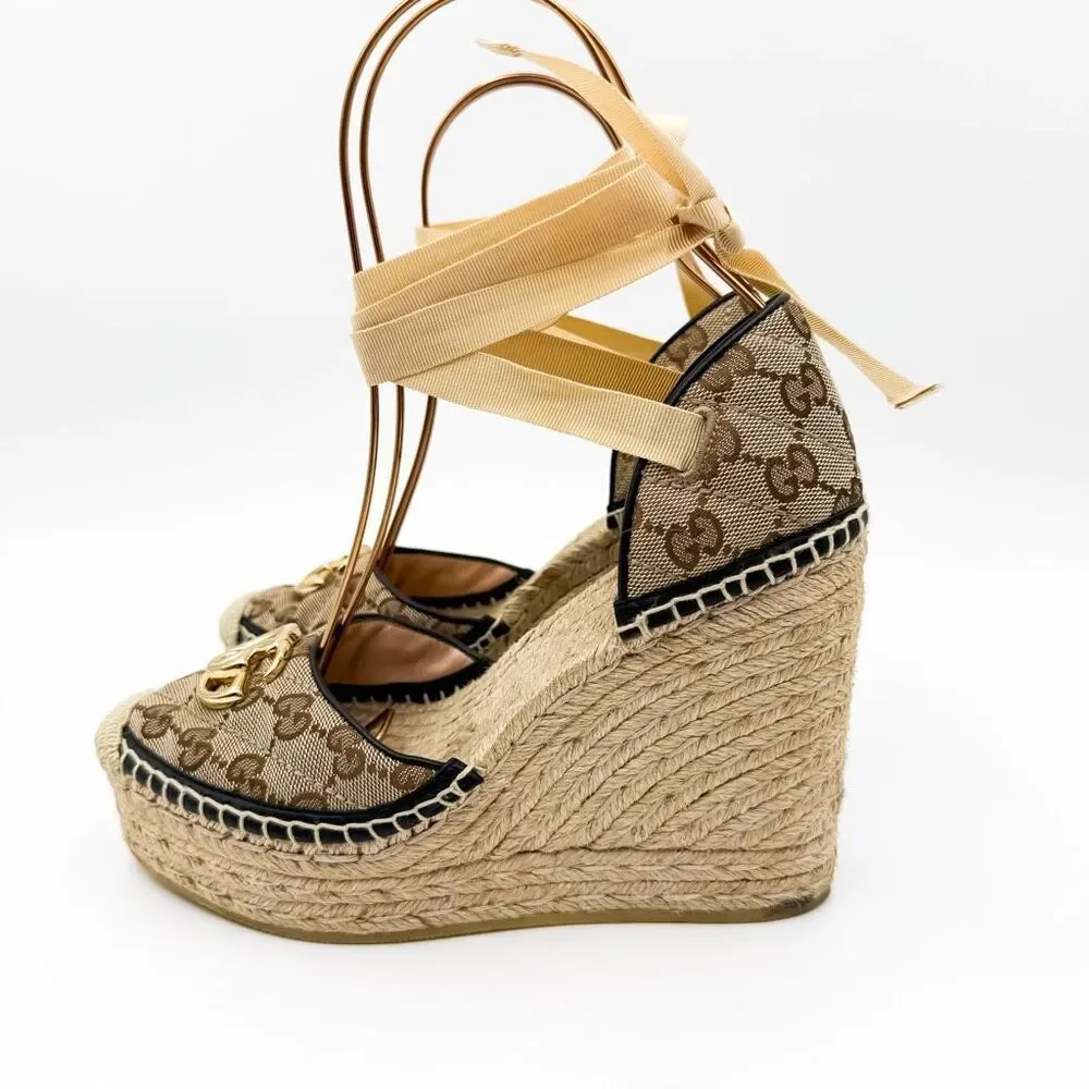 Gucci GG Espadrille Wedge Sandal EU 38 US 8 Monogram Canvas Ankle Wrap